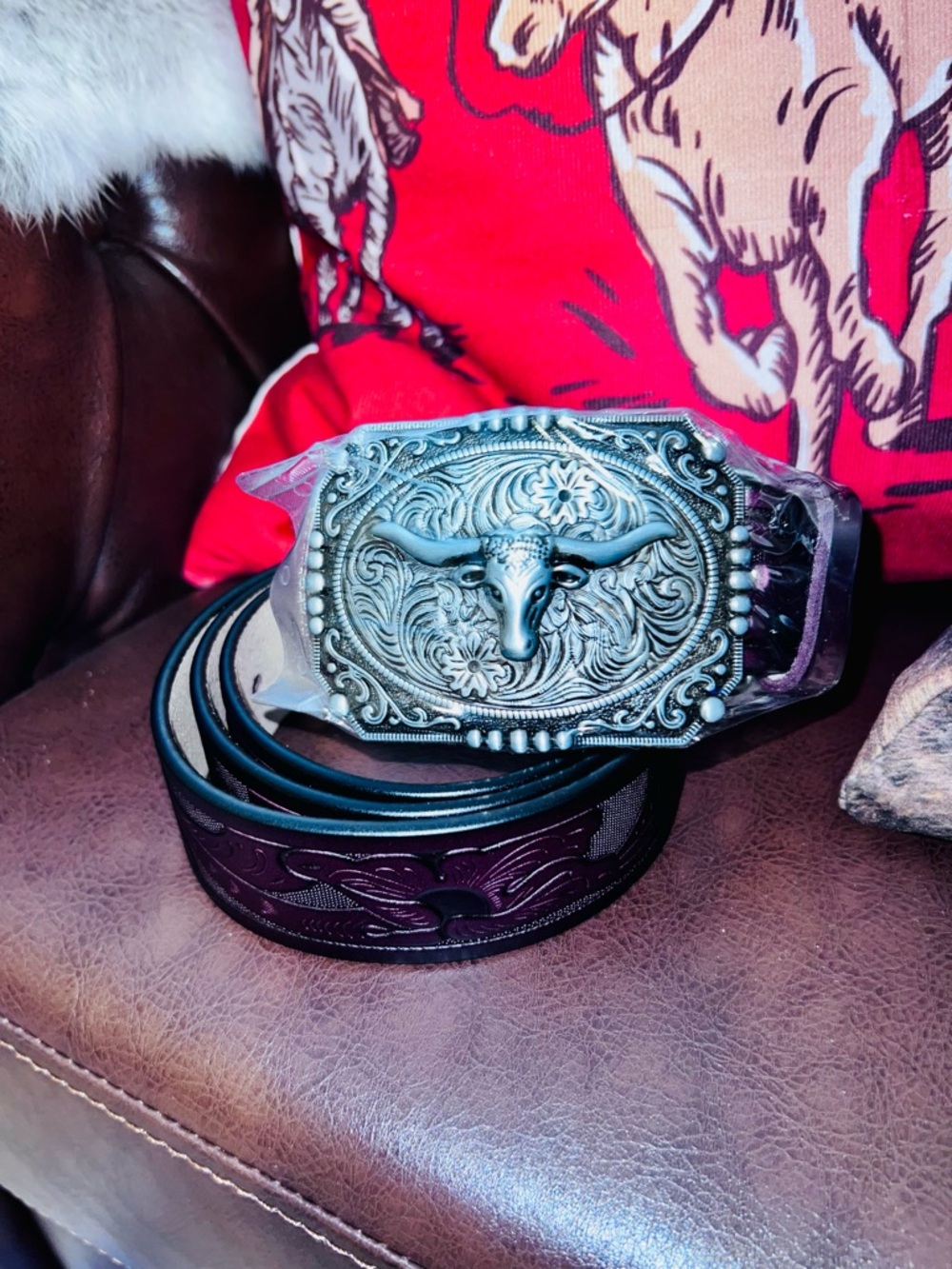 Western Bull Head Leather Belt - Black